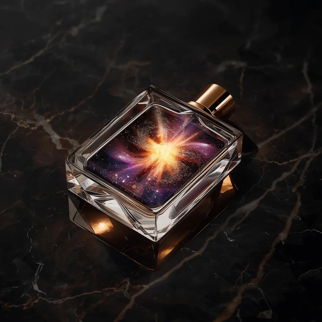 A Luxury Perfume Bottle Containing a Captured, Swirling Supernova Explosion on a Marble Vanity | Trending Prompt