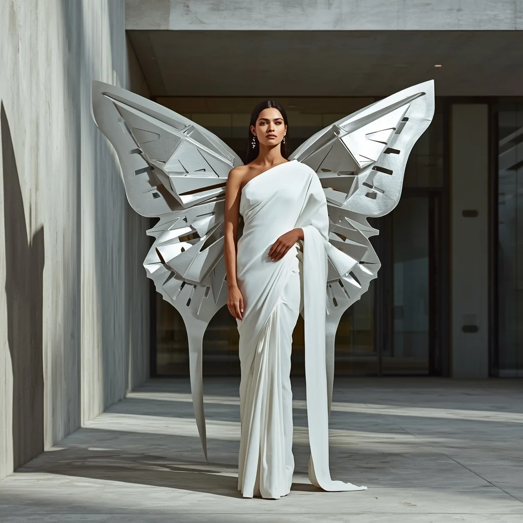 Abstract Origami Butterfly Saree with Minimalist Architectural Background | Desi Girl Ai Prompt