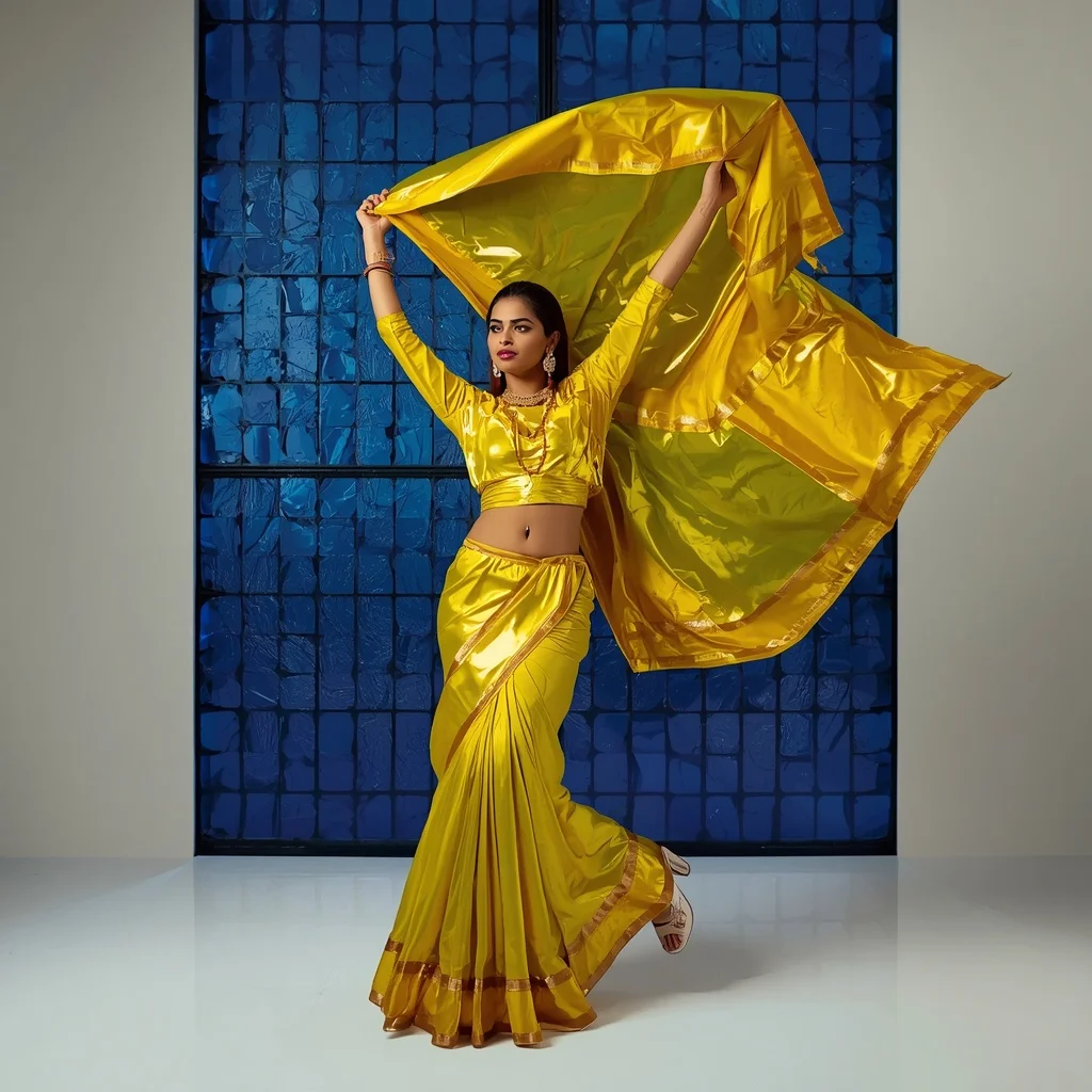 Acid Yellow Foil Saree – Dynamic Fabric Toss with Indigo Stained Glass | Gemini AI Photo Prompt Copy Paste Trending Girl 2026