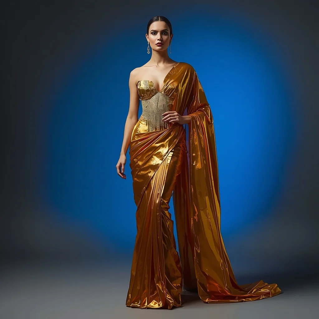 Advance Premium Heavy Liquid Gold And Sculpted Glass Saree Look | Secret Ai Prompt