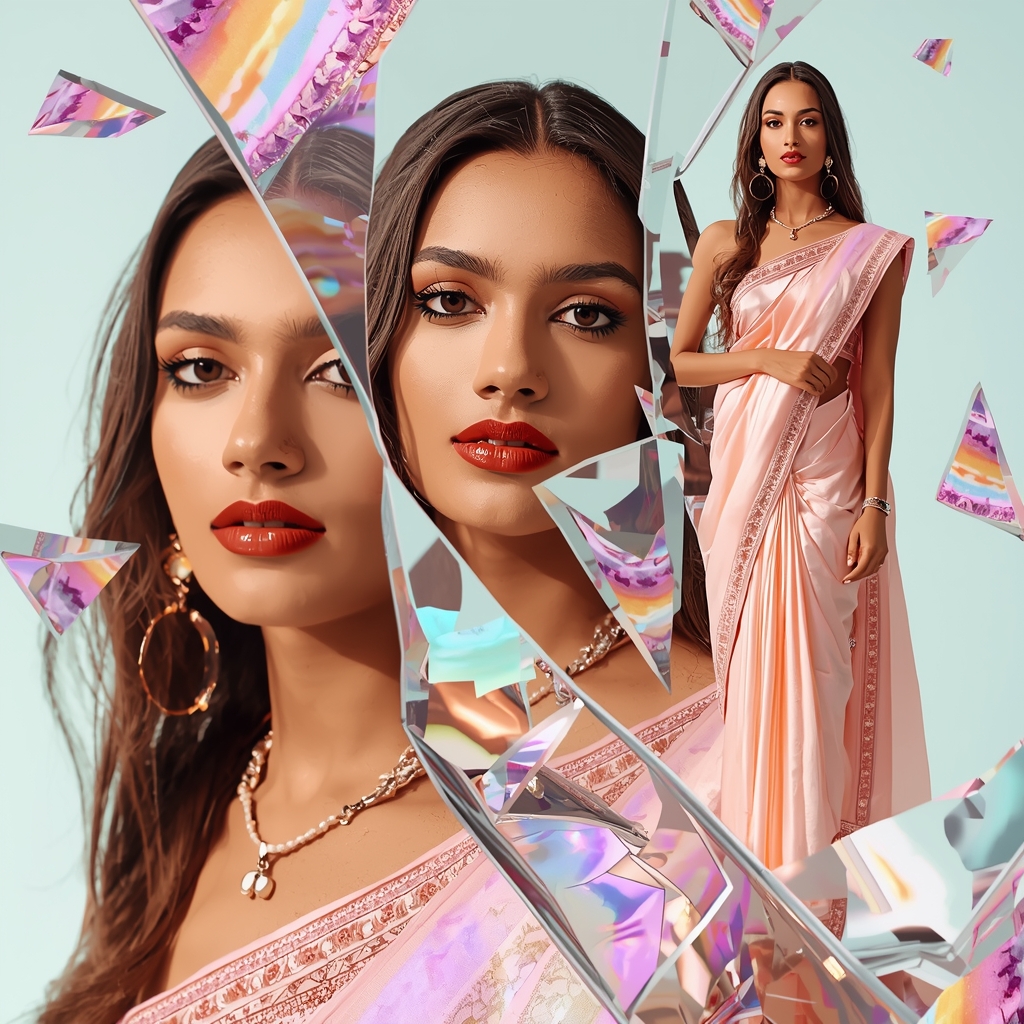 Advance Premium Indian Saree Styling With Shattered Pastel Stained Glass | Saree Look Ai Prompt Modern Style