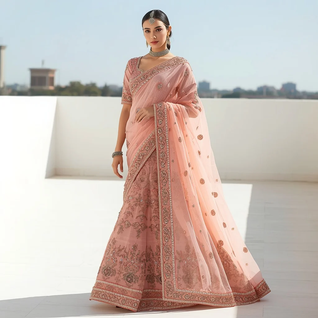 All-Over Mukaish & Thick Zari Bridal Coral Saree | Graceful Mid-Step Walk Pose | Girl Prompt