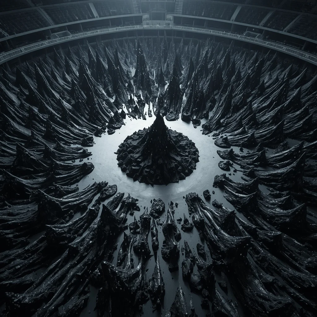An Arena Filled with Spiky, Magnetic Ferro-Fluid Sculptures | Ai Image Prompt Generator Free