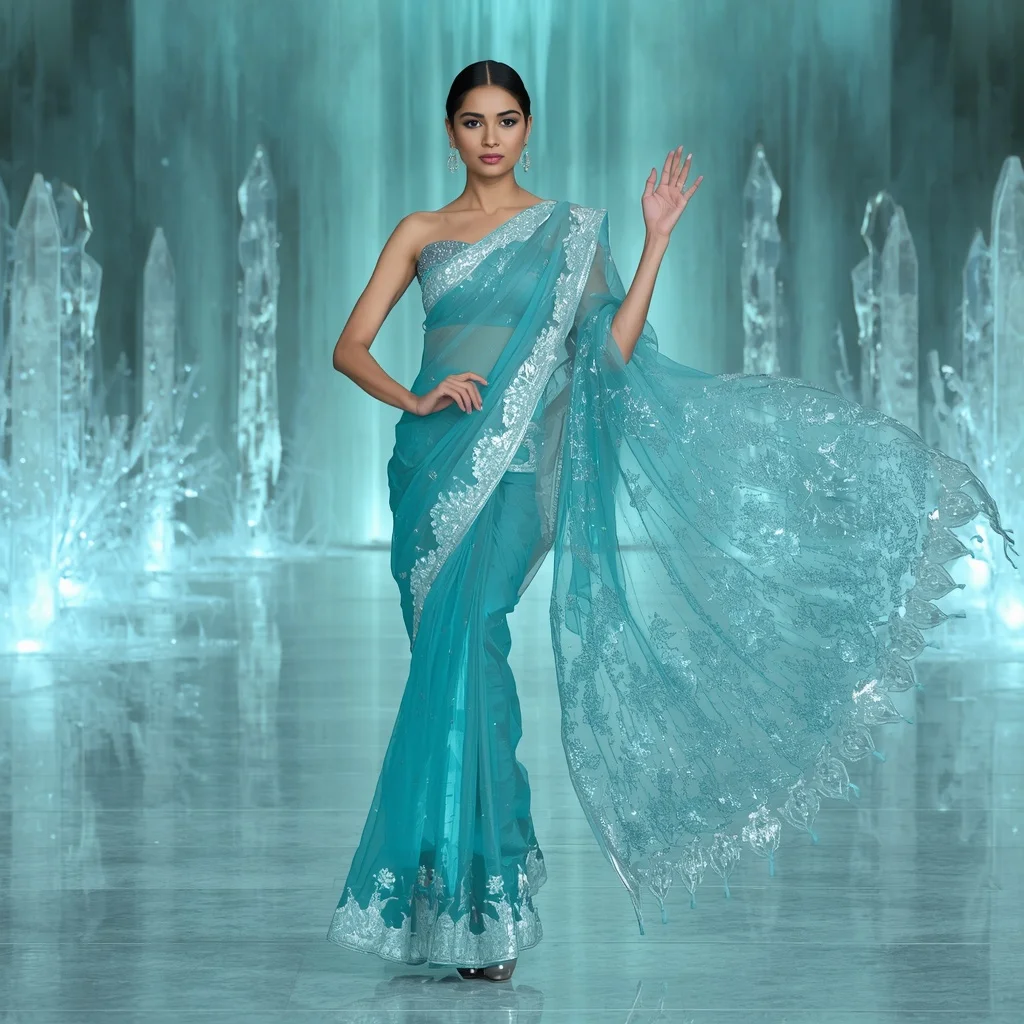 Aqua Crystal Hydrowave Surge Saree – Modern Festival Saree with Floating Flow Pose and Hydrowave Crystal Hall Background | Profile Picture Ai Prompt