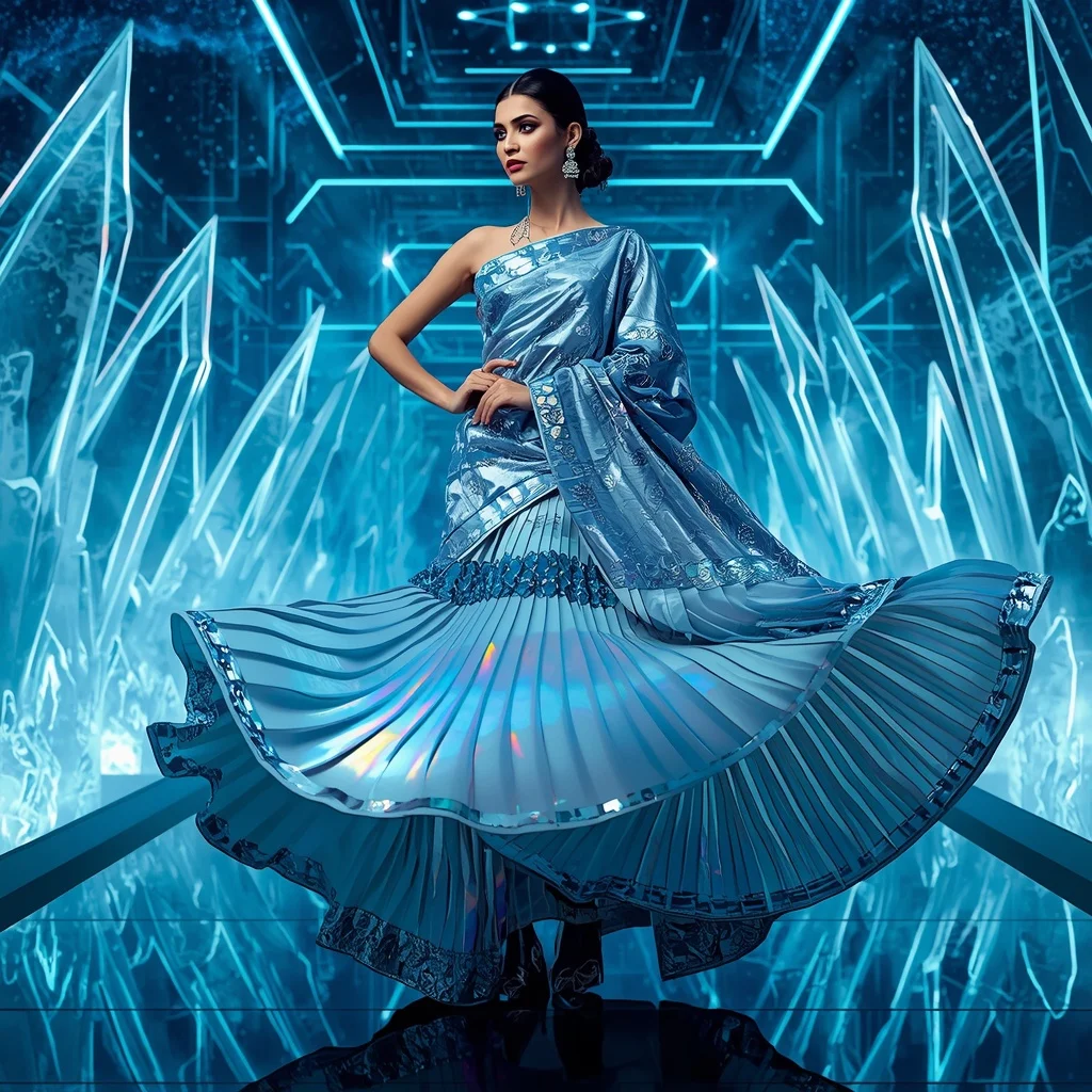 Arctic Royale Quantum Saree with Dynamic Crystal Maze Universes | Girls Trending Prompt Gemini Instagram