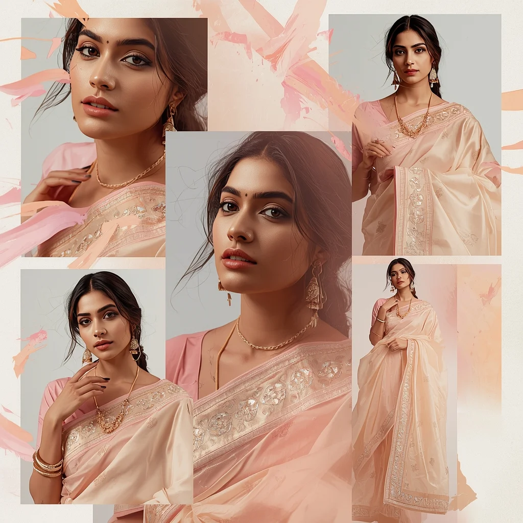 Artistic Luxury Pastel Saree Image Prompt for Women with Ink Flow Painting Effect and Creative Glam | Gemini Ai Saree Prompt
