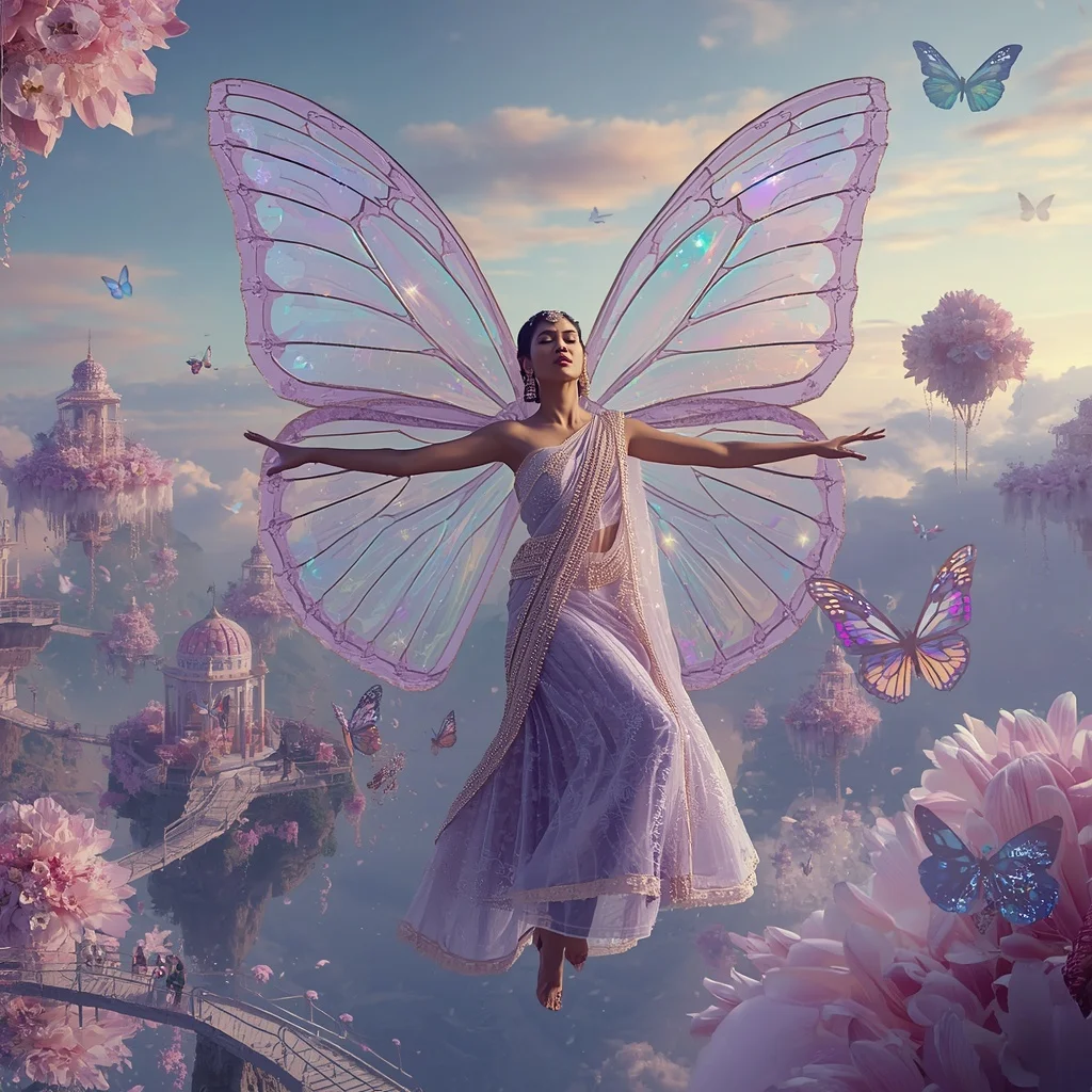 Aurora Butterfly Cathedral Saree with Infinite Floral Sky | Travel Ai Prompt