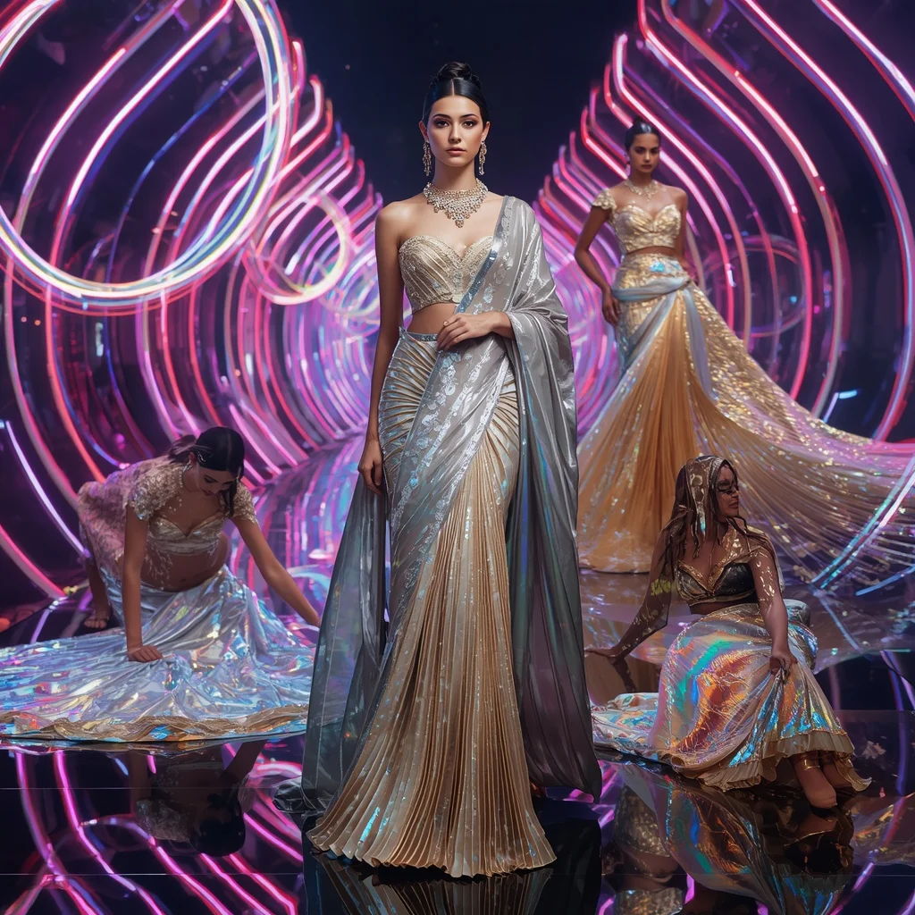 Aurora Celestial Festival Saree with Floating RGB Infinity Halos | Traditional Saree Ai Prompt
