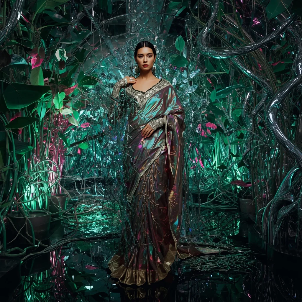 Aurora Chrome Vine Saree with Living Metal Jungle | Makeup Ai Prompt