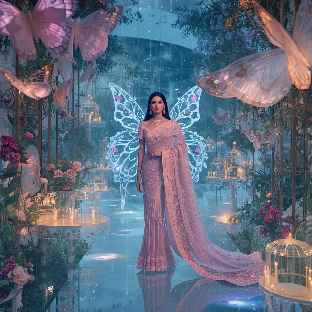 Aurora Crystal Garden Saree with Floating Butterfly Palace | Ai Selfie Prompt