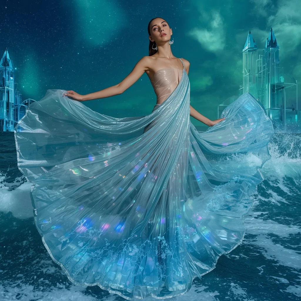 Aurora Crystal Wave Saree with Floating Sky Ocean | Attitude Girl Prompt