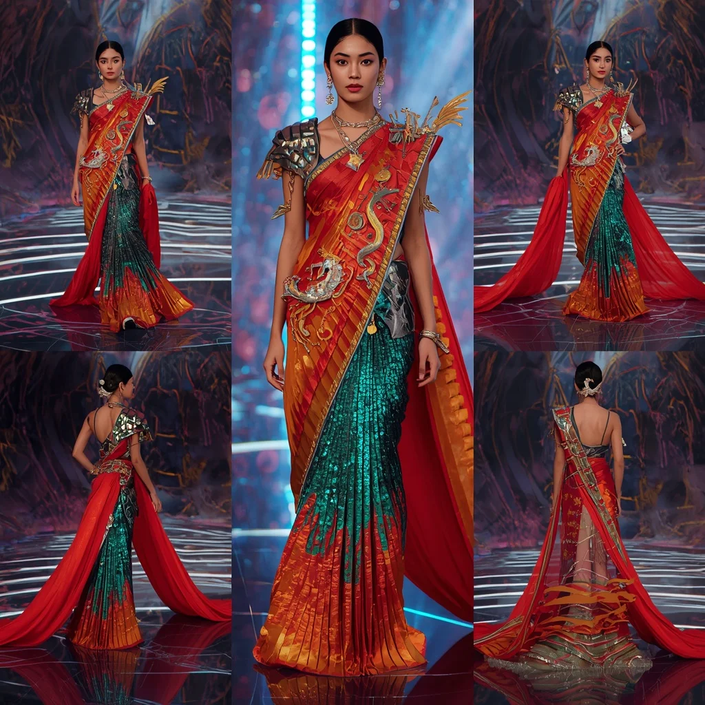 Aurora Dragon Flame Saree with Floating Infinity Neon Fortress | Ai Photo Editing Prompt