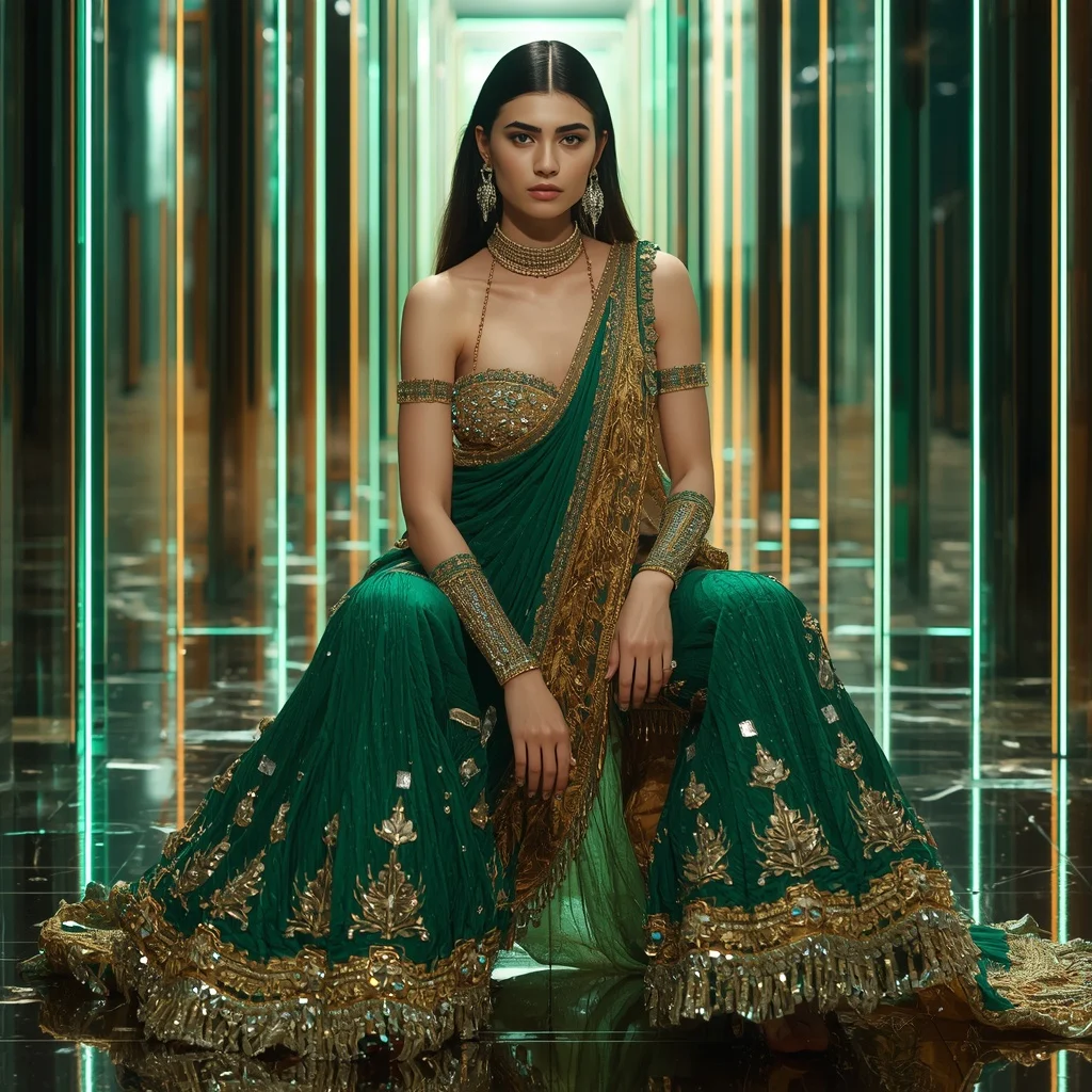 Aurora Emerald Flame Saree with Floating Prism Boulevard | Sora Ai Prompt