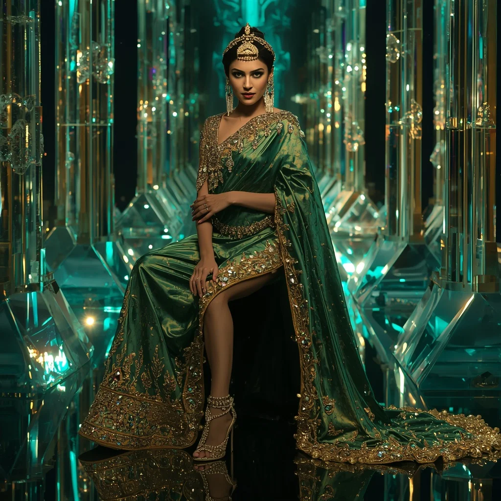 Aurora Emerald Mirage Saree with Floating Prism Crystal Cathedral | Ai Prompt Generator Free