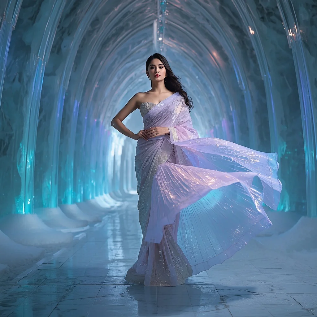 Aurora Ice Glass Saree with Frozen Light Cathedral | Cute Girl Ai Prompt