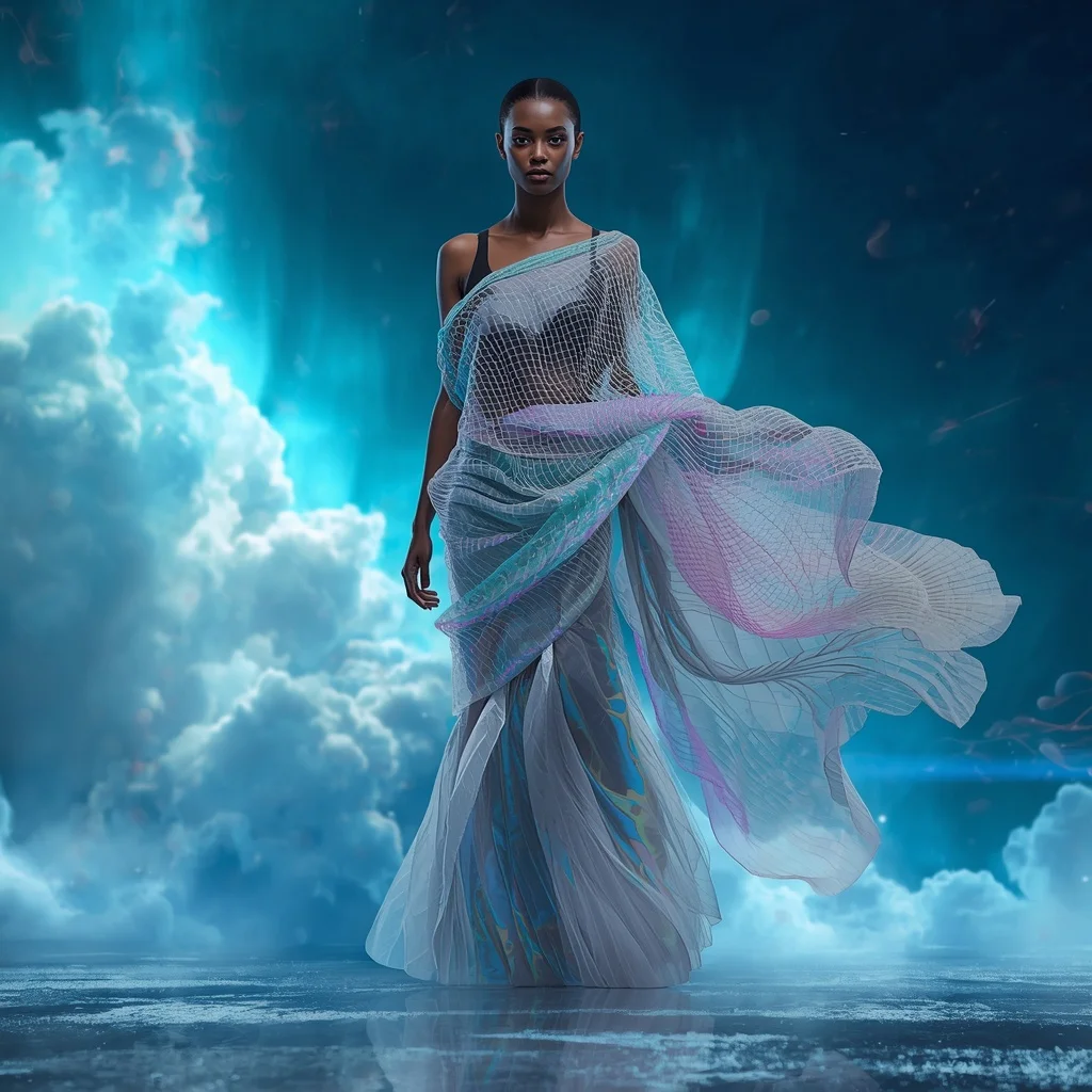 Aurora Liquid Mesh Saree with Floating Cloud Data Ocean | New Instagram Trend Prompt For Girl Aesthetic