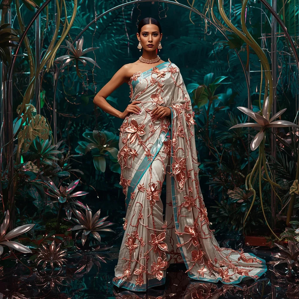 Aurora Metal Vine Saree with Living Chrome Jungle | Gemini Ai Prompt For Girl