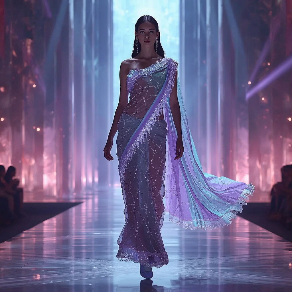 Aurora Plasma Net Saree with Floating Energy Cathedral | Gemini Prompt