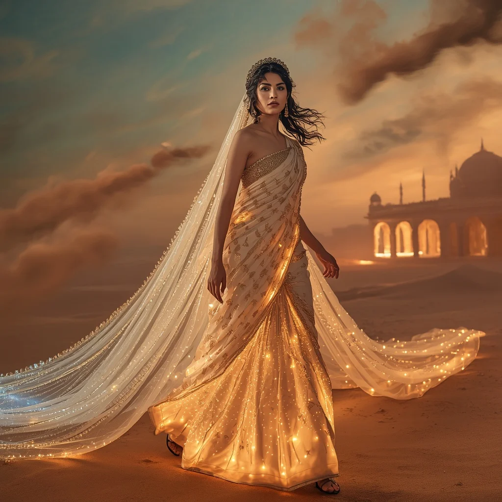 Aurora Sand Crystal Empress Saree with Shifting Desert Sky | Fashion Ai Prompt