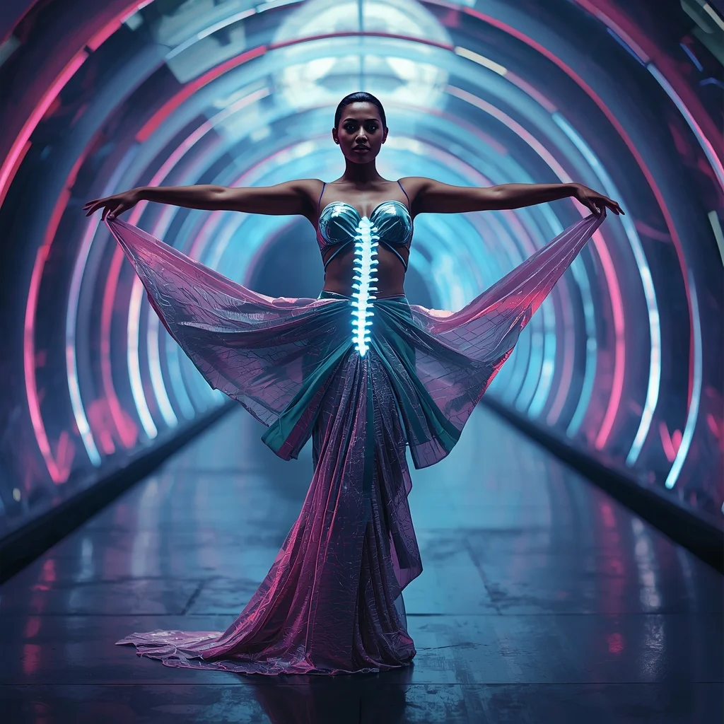 Aurora Spine Current Saree with Living Light Corridor | Indian Girl Ai Prompt