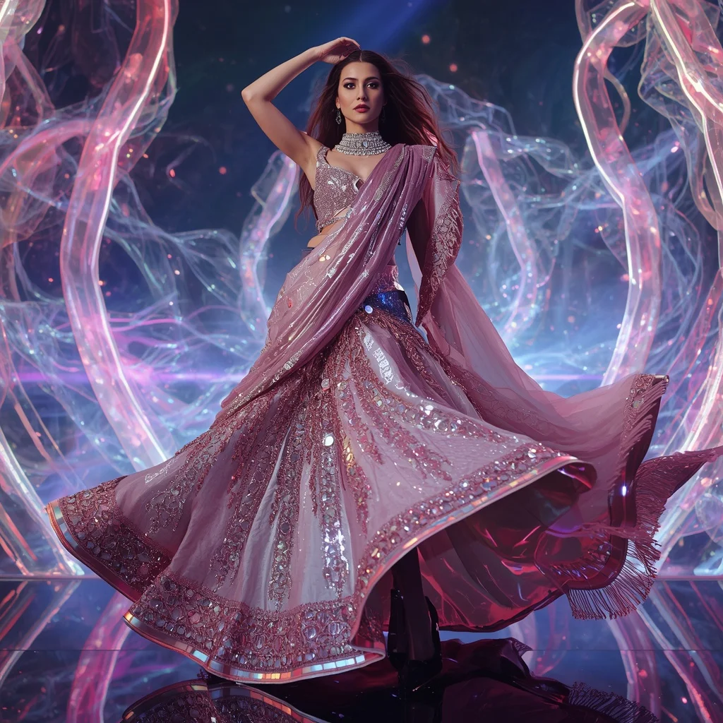 Aurora Thunder Fantasy Saree with Floating Digital Crystal Waves | Gemini Ai Prompt Copy Paste