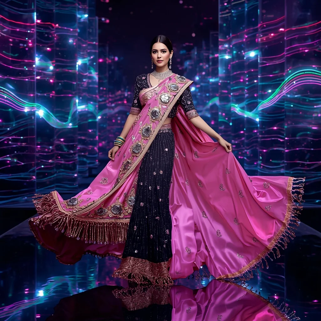 Aurora Thunder Goddess Saree with Floating Digital Waves | Saree Ai Prompt