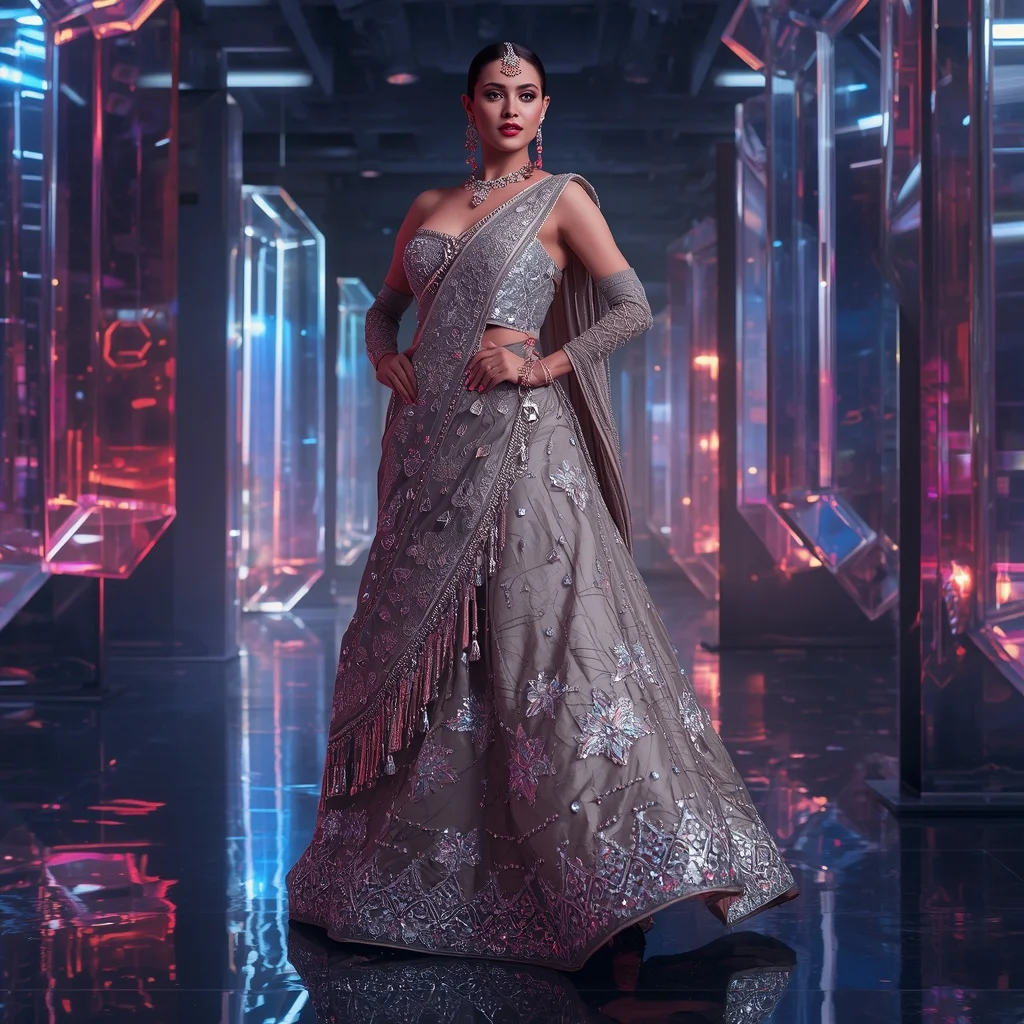 Aurora Thunder Royale Saree with Floating Digital Prism Hall | Instagram Post Ai Prompt