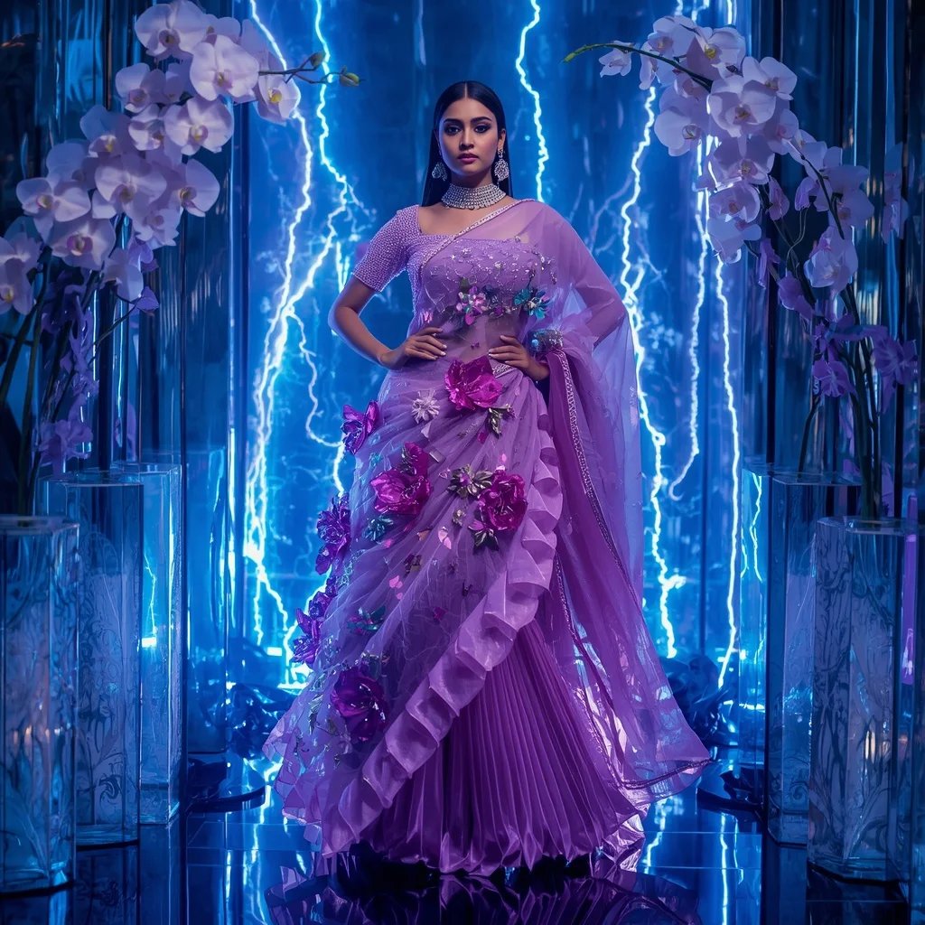 Avant Garde Electric Orchid Saree Couture with Thunder Neon Crystal Mirror Background | Ai Gemini Prompt