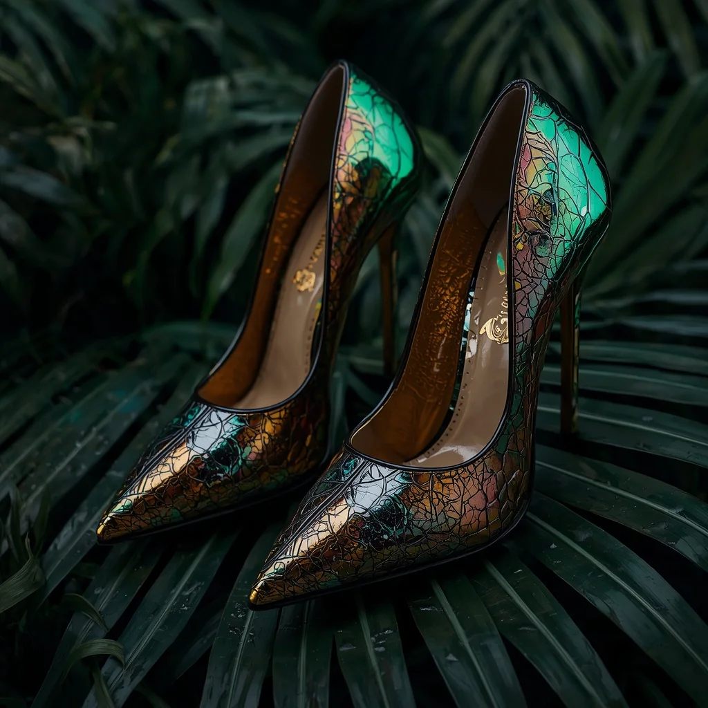 Avant-Garde Stiletto Heels Forged from the Iridescent Exoskeleton of a Goliath Beetle | Prompt For Pic ChatGPT