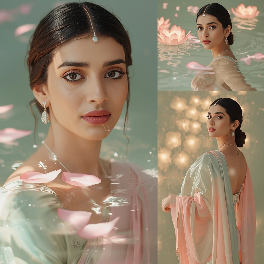 Beautiful Indian Woman In Festive Pastel Saree With Glowing Floral Water Ripples | Saree Prompt