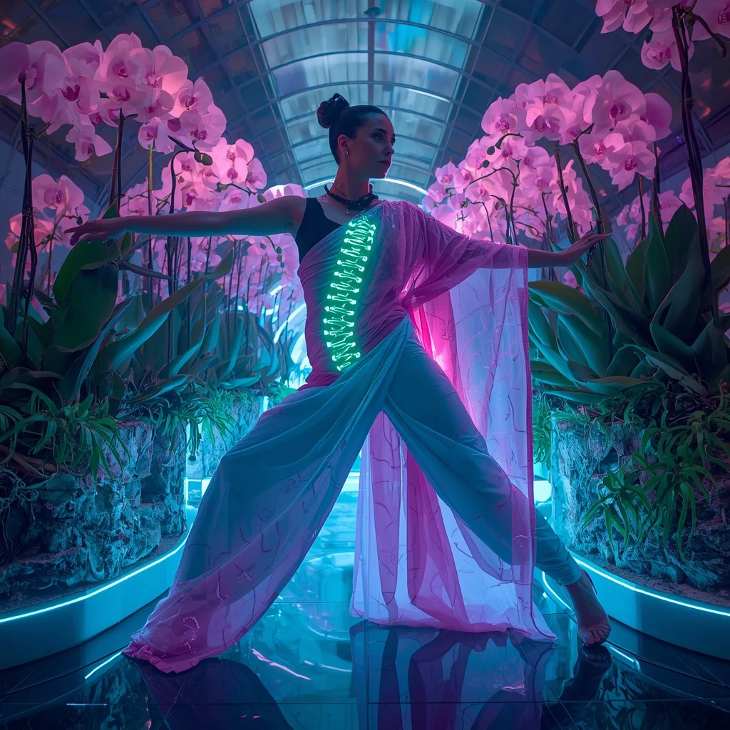 Bio-Luminal Spine Orchid Saree with Neural Garden Core | Fashion Ai Prompt