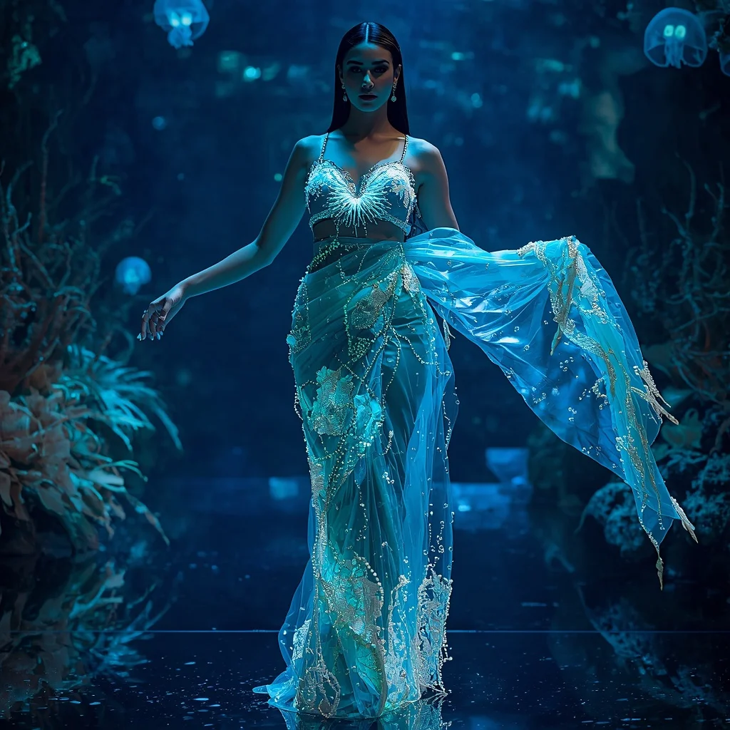 Bio-Luminescent Ocean Saree with Living Sea Light Fabric | ChatGPT Photo Editing Prompts Trending Instagram For Girl