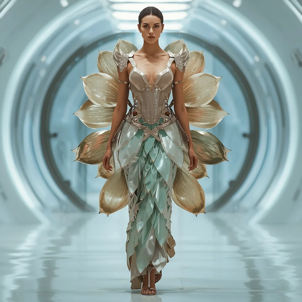 Bio-Mechanical Lotus Exosuit Saree with Living Metal Petals | Art Ai Prompt