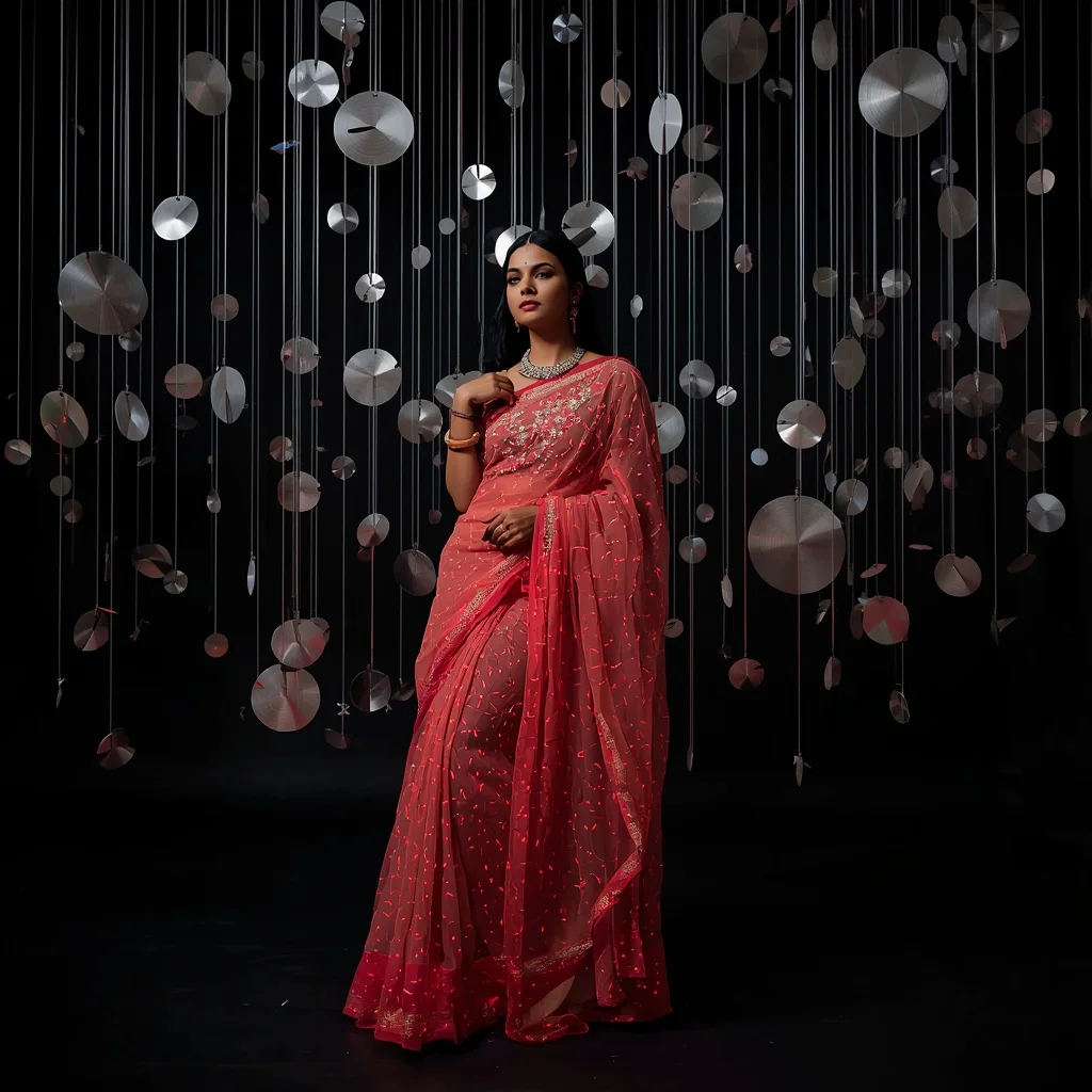 Bioluminescent Coral Net Saree – Geometric Lean with Suspended Silver Discs | Makeup Ai Prompt
