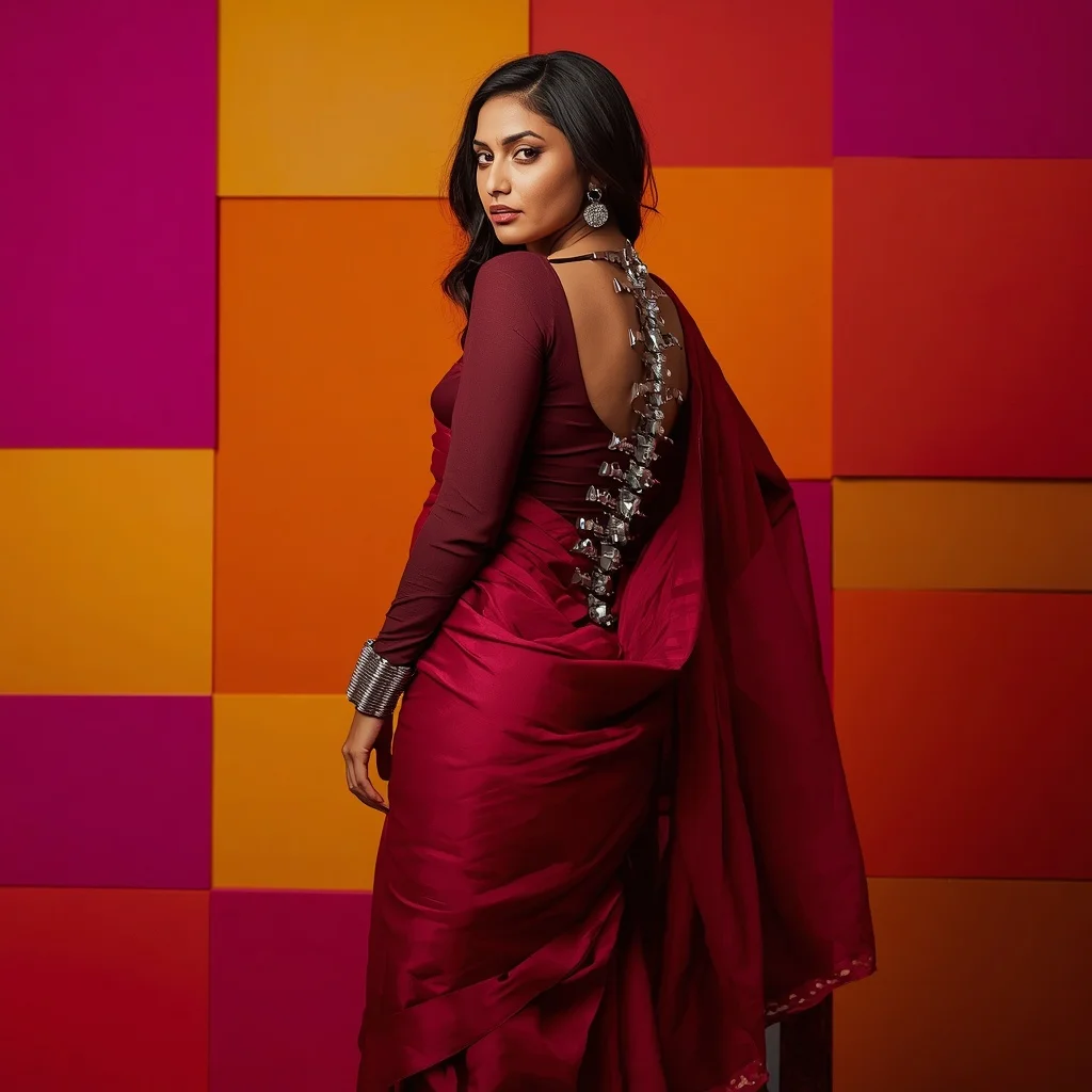 Biomechanical Silver Spine And Heavy Georgette Saree Fusion | Creative Ai Prompt