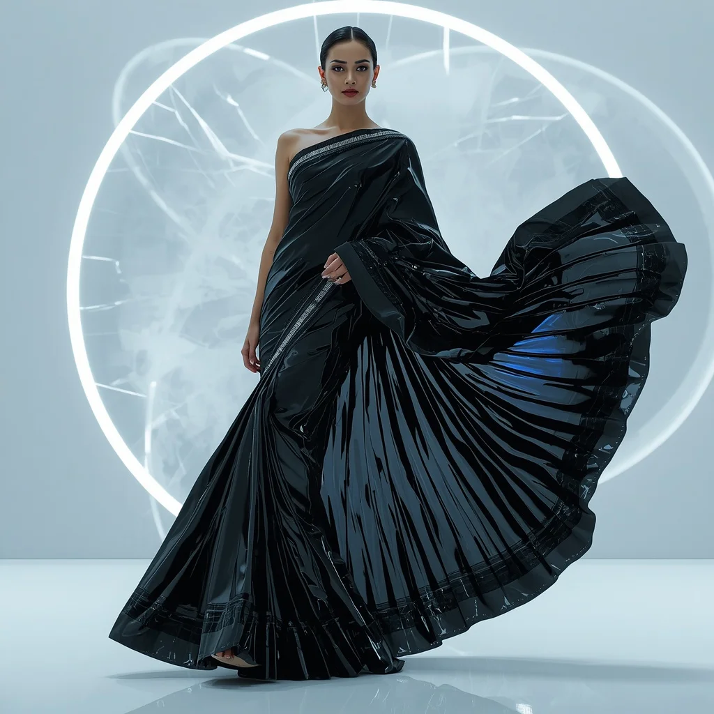 Black Chrome Void Rift Saree – Futuristic Party Saree with Bold Editorial Pose and Void Rift Chamber Background | Easy Ai Prompt