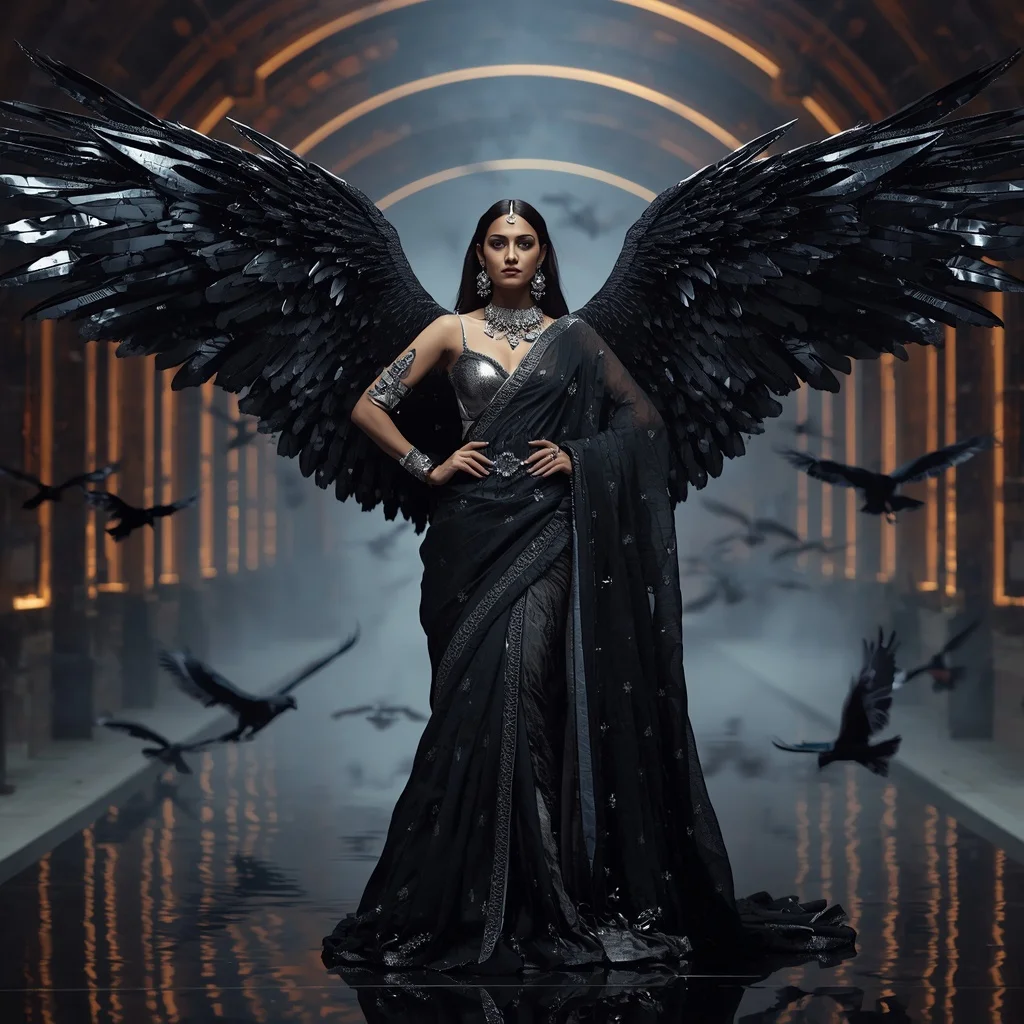 Black Crystal Eagle Saree with Dark Fantasy Palace | Viral Prompt