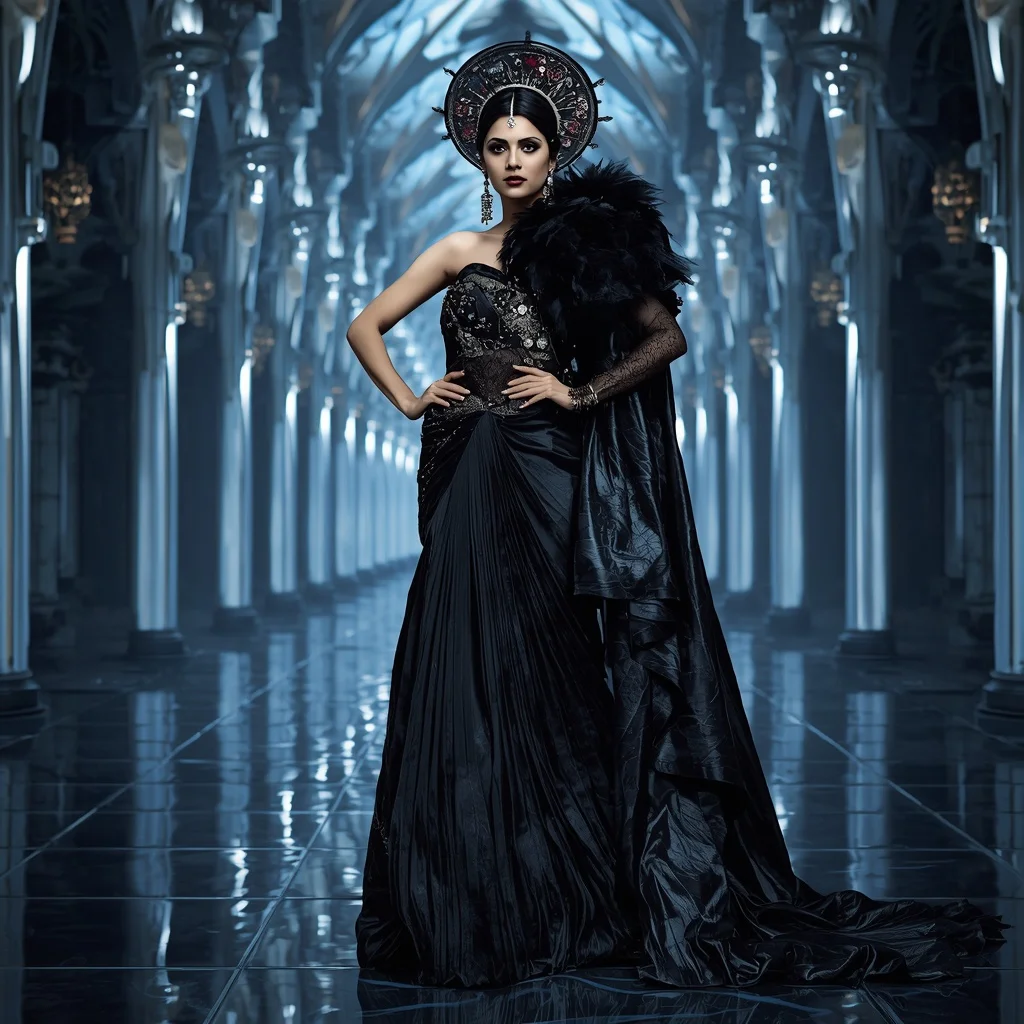 Black Crystal Wolf Halo Saree with Moonlight Orbit Cathedral | Gemini Traditional Saree Prompt