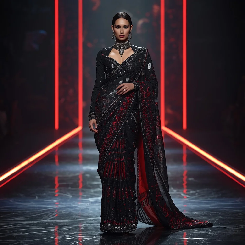 Black Diamond Panther Saree with Crimson Crystal Runways and Shadow Palace Arena | Indian Girl Ai Prompt