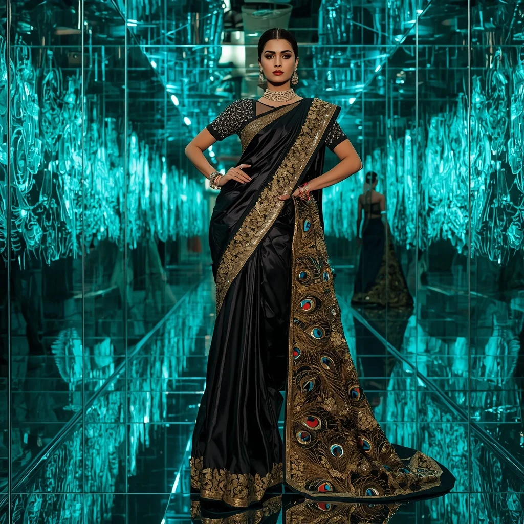 Black Gold Peacock Saree – Futuristic Party Saree with Fashion Walk Pose and Neon Peacock Reflection Chamber Background | Prompt For Gemini AI Girl Trending