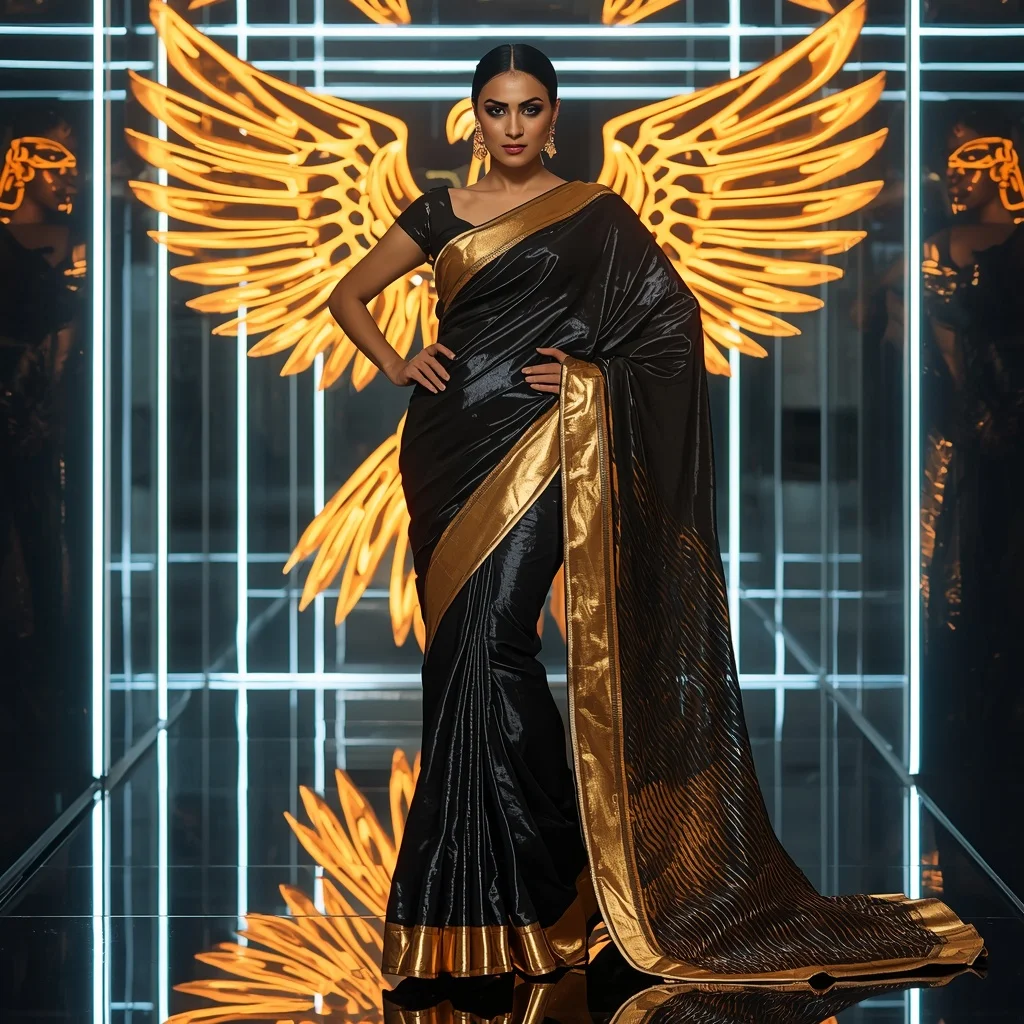Black Gold Phoenix Saree – Futuristic Party Saree with Fashion Walk Pose and Neon Phoenix Reflection Chamber Background | Prompt For Gemini AI Girl Style Trending Instagram