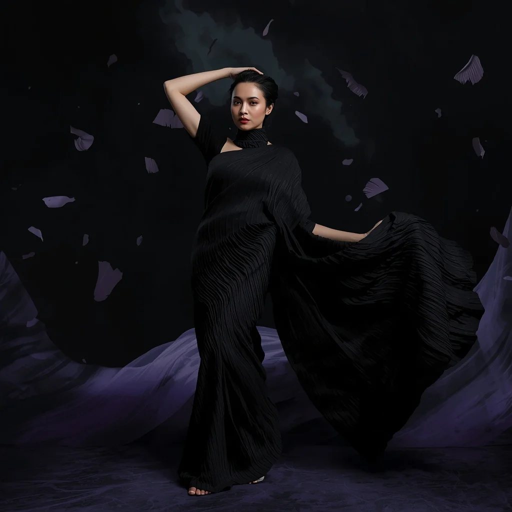 Black Void Silk Ripple Saree with Infinite Shadow Field | Girl Prompt