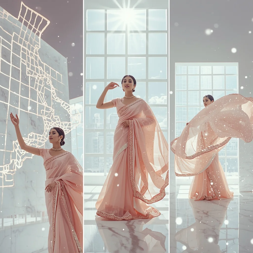 Bright Cosmic Silk Shattered Grid Triptych Luminous Elegance Vogue | Chatgpt Photo Editing Prompts For Girl In Saree