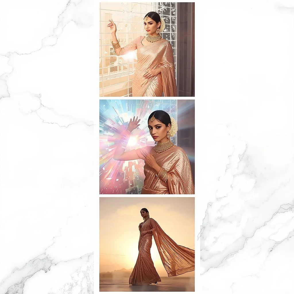 Bright Nebula Vortex Grid Dissolve Strip Heavenly Beauty Vogue | Saree Ai Prompt