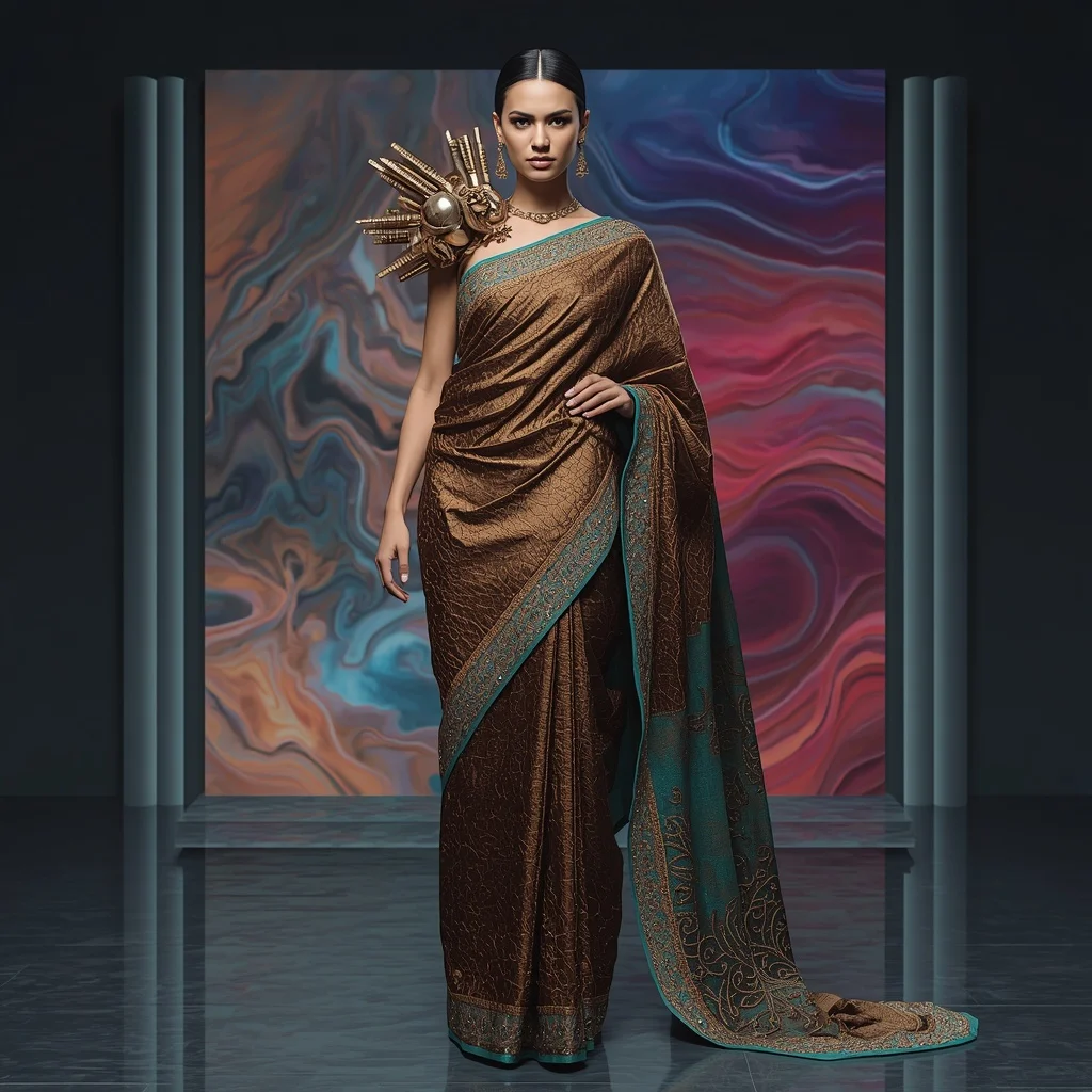 Bronze and Turquoise Oxidized Metal Sculptural Saree Design