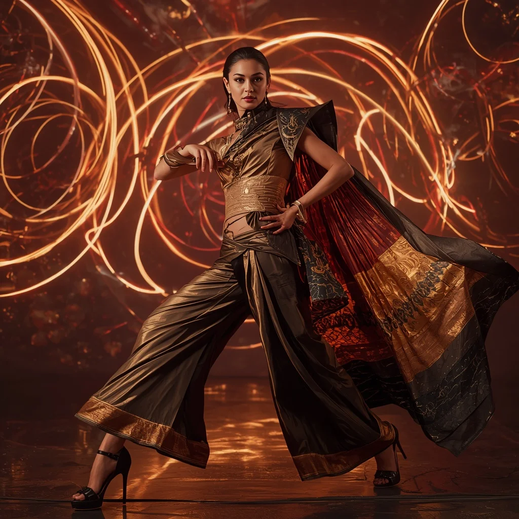 Bronze Eclipse Quantum Saree with Floating Helix Neon Worlds | Instagram Aesthetic Ai Prompt