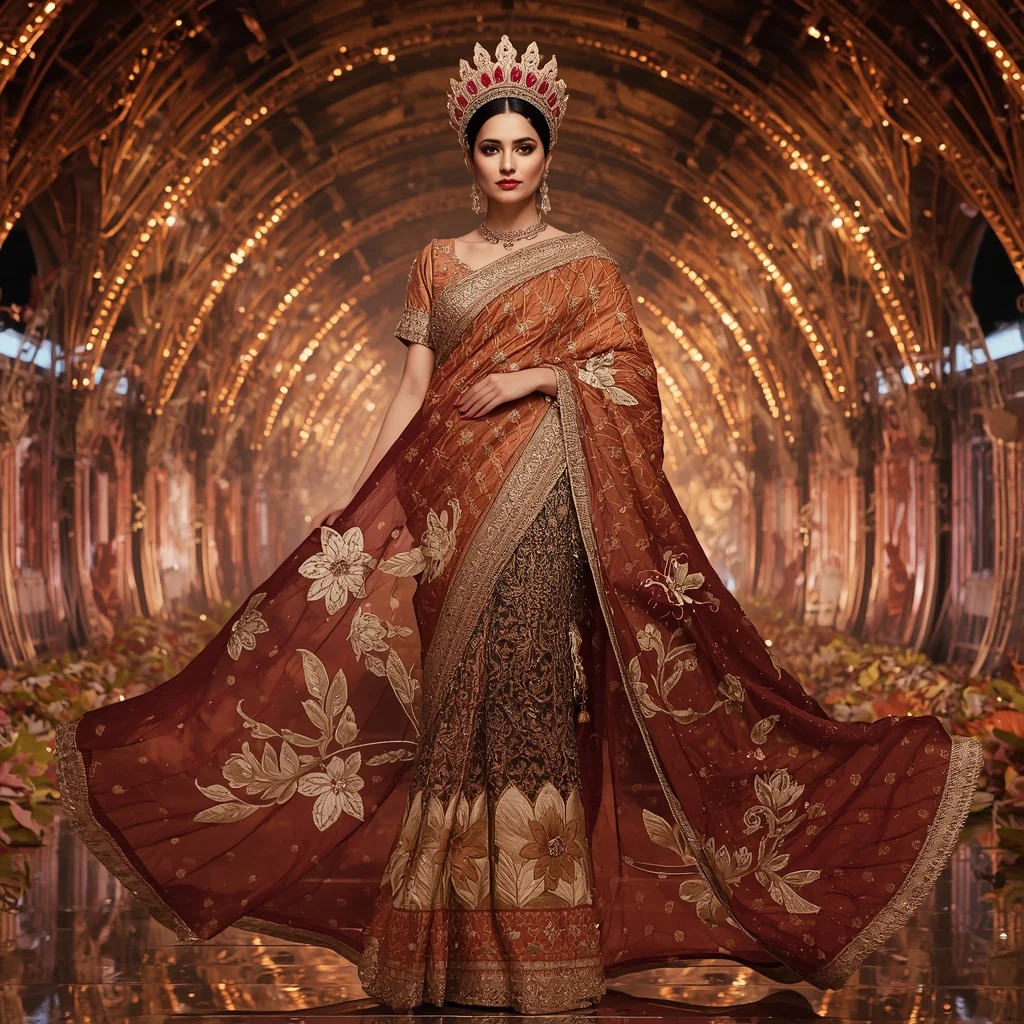 Bronze Lotus Crown Saree with Regal Bloom Crystal Hyperpavilion | New Instagram Trend Prompt For Girl And Boy