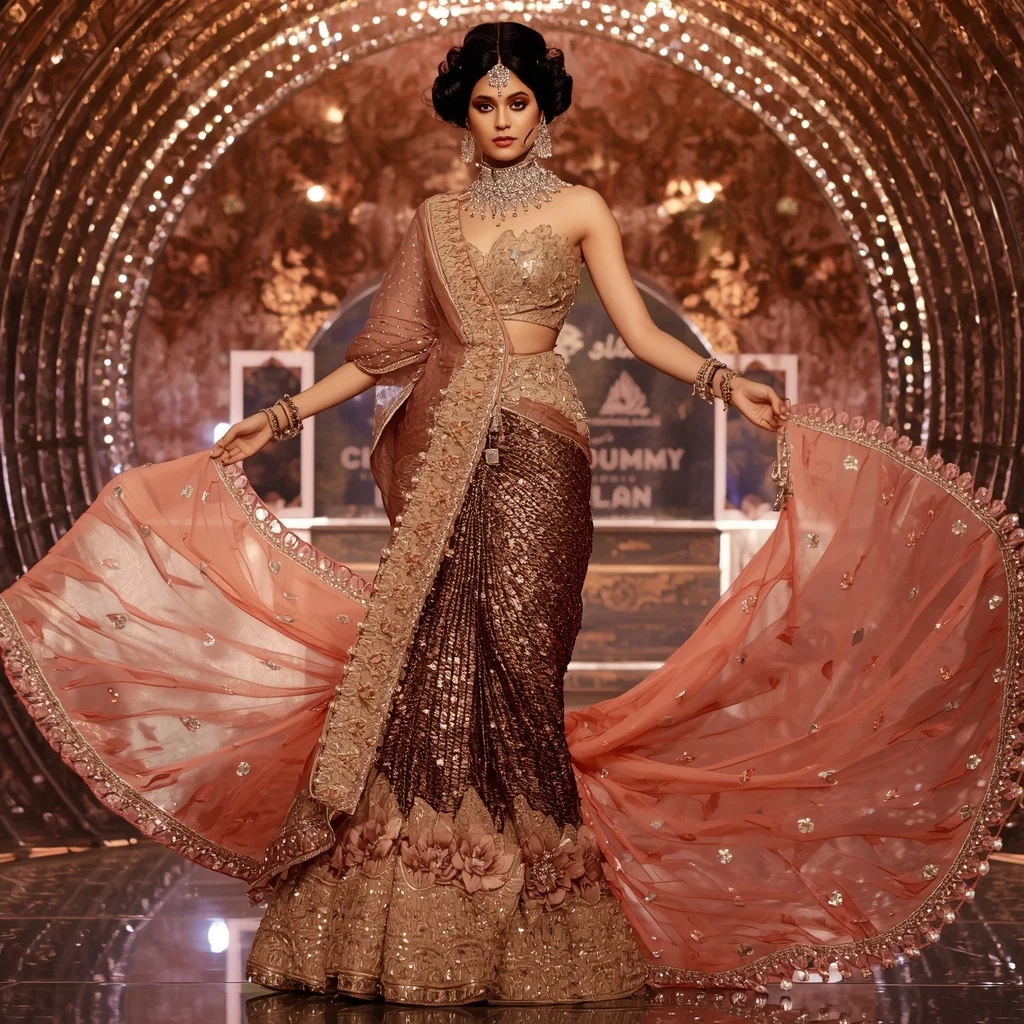 Bronze Lotus Empress Saree with Regal Bloom Crystal Hyperpavilion | Best Prompt Ai For Girl