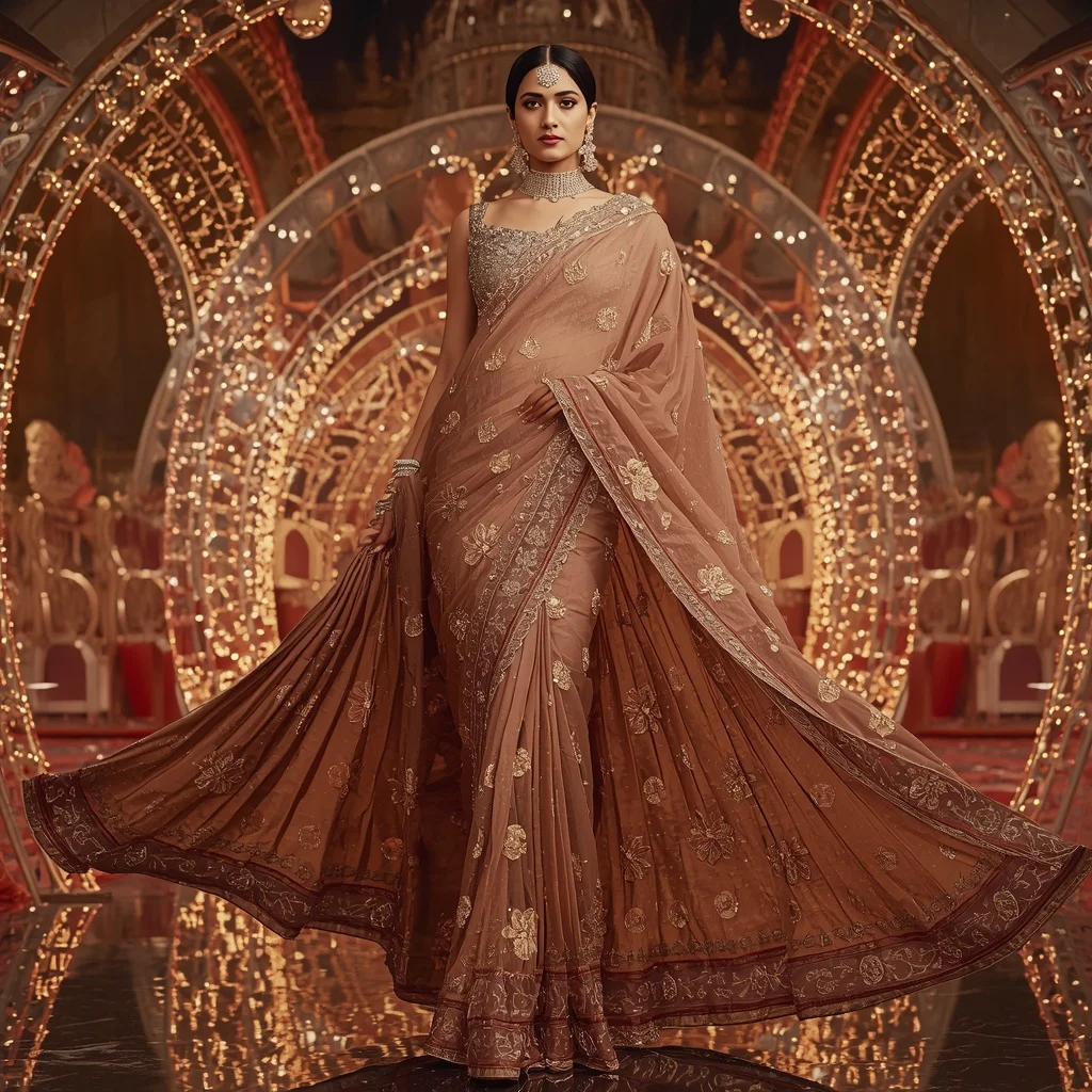 Bronze Lotus Imperial Saree with Regal Bloom Crystal Hyperpavilion | Ai Photo Editing Prompt