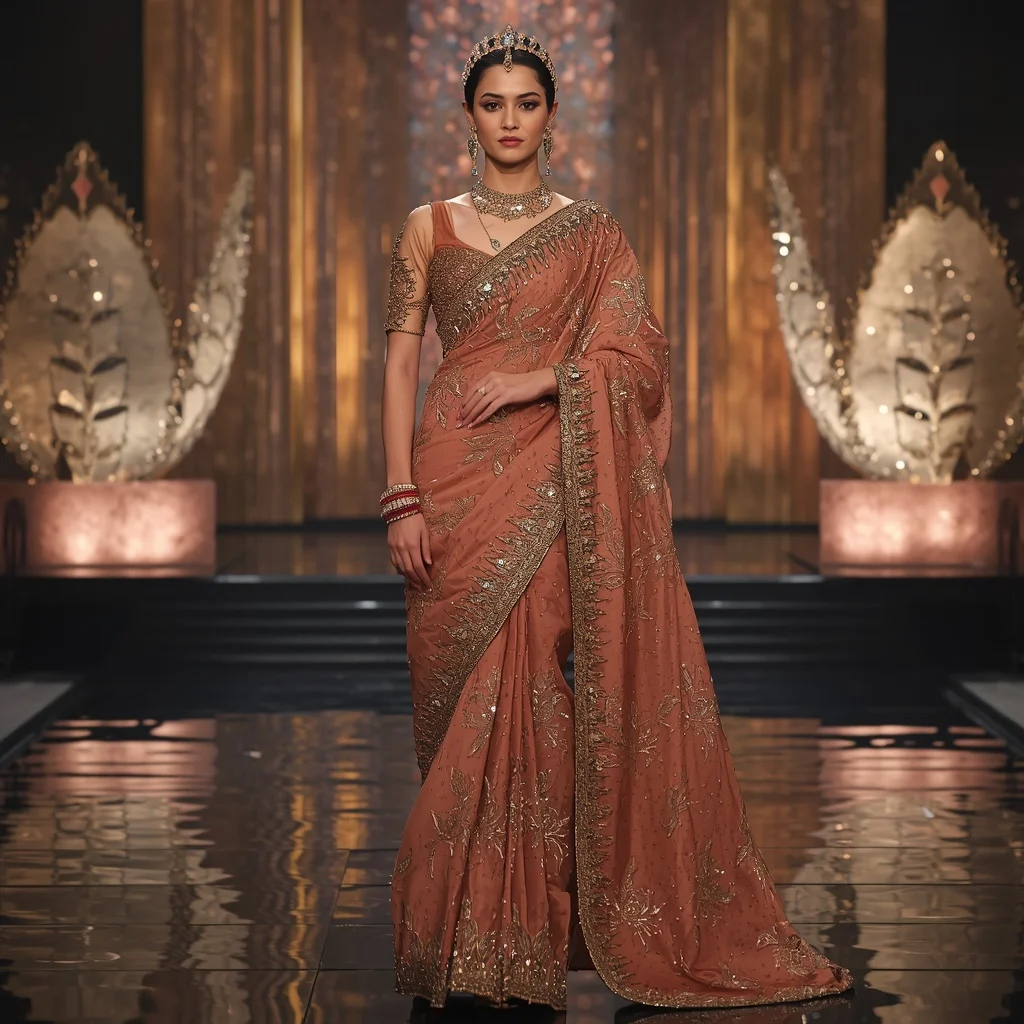 Bronze Lotus Sovereign Saree with Crystal Bloom Palaces and Fountain Crown Empire | Woman Pose Ai Prompt